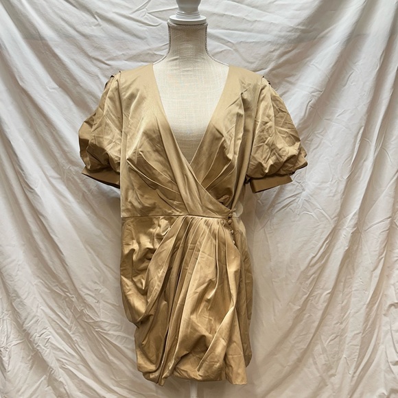 ASOS Structured Drape Wrap Mini Puff Sleeve Tan Dress Size 14 - Picture 6 of 13